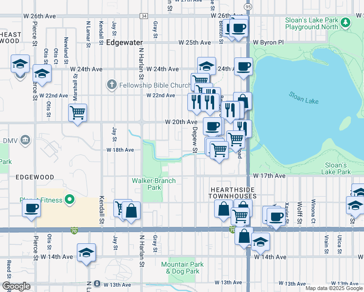 map of restaurants, bars, coffee shops, grocery stores, and more near 5625 West 18th Avenue in Lakewood