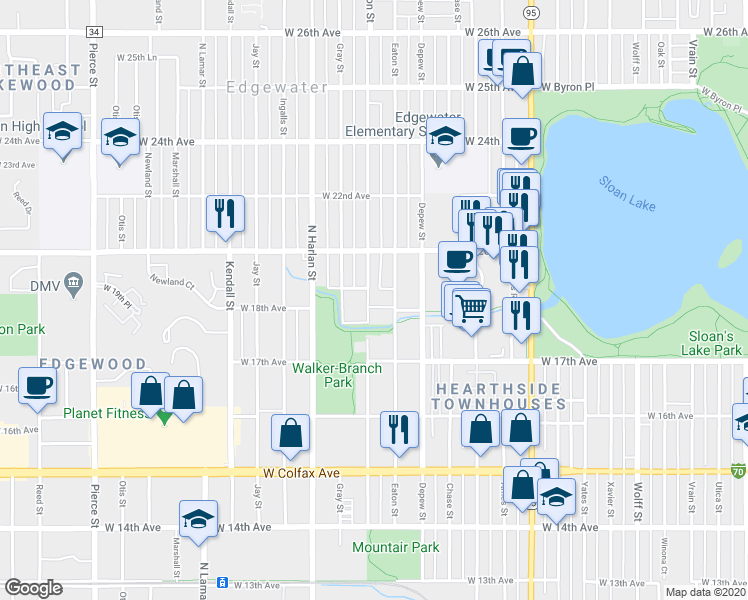 map of restaurants, bars, coffee shops, grocery stores, and more near 1800 Fenton Street in Lakewood