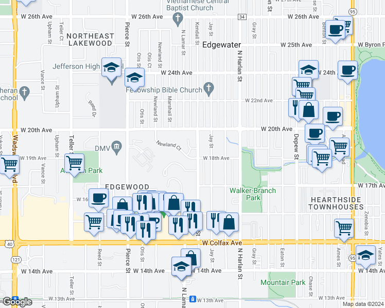 map of restaurants, bars, coffee shops, grocery stores, and more near 1790 Kendall Street in Lakewood