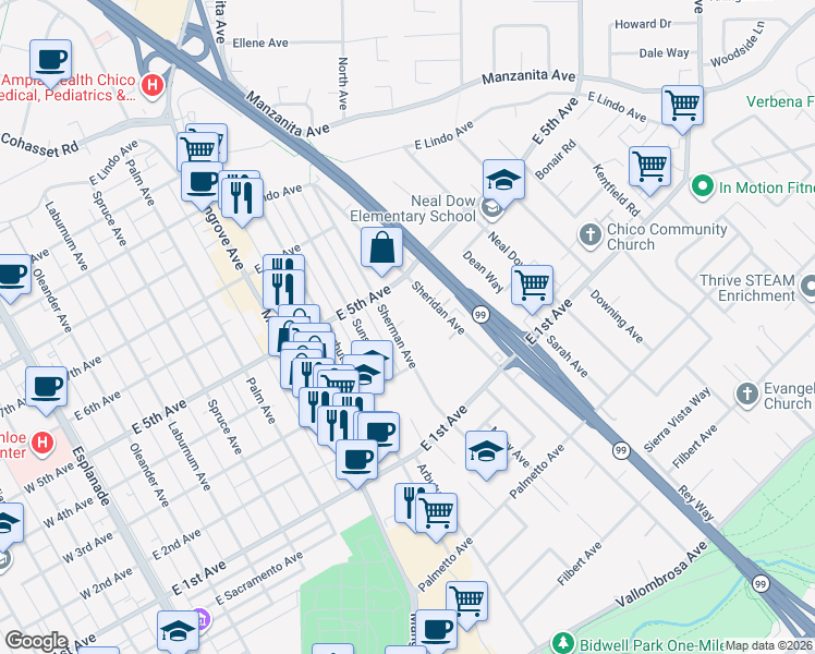 map of restaurants, bars, coffee shops, grocery stores, and more near 1301 Sheridan Avenue in Chico