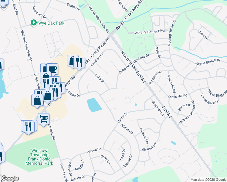 map of restaurants, bars, coffee shops, grocery stores, and more near 12 Phebe Court in Sicklerville