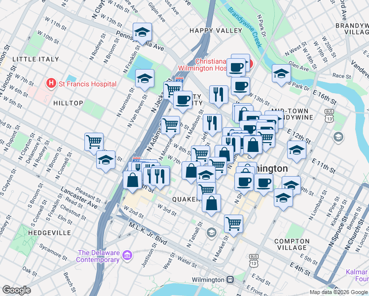 map of restaurants, bars, coffee shops, grocery stores, and more near 612 West 8th Street in Wilmington