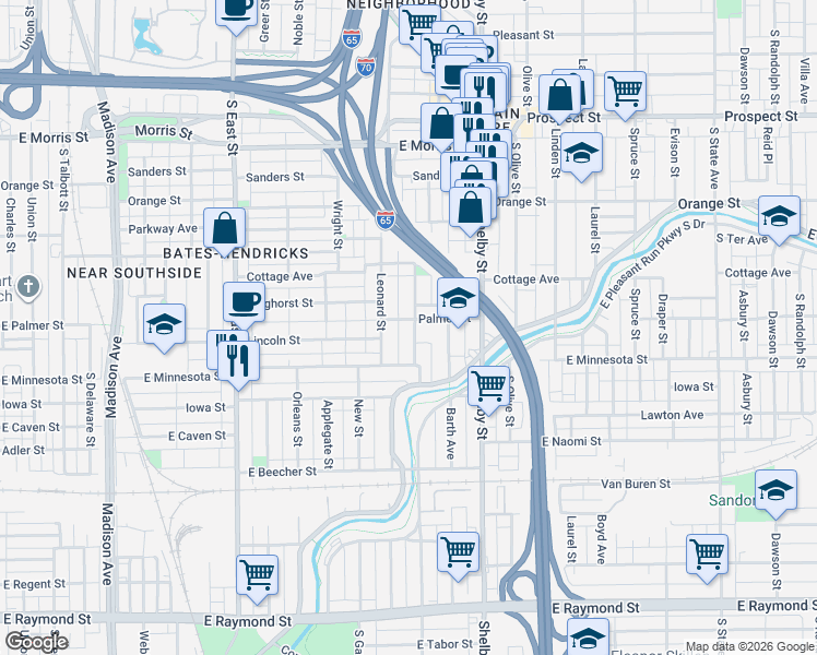 map of restaurants, bars, coffee shops, grocery stores, and more near 1001 Palmer Street in Indianapolis