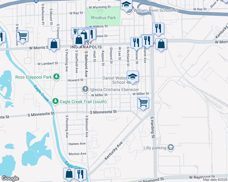 map of restaurants, bars, coffee shops, grocery stores, and more near 1831 Miller Street in Indianapolis
