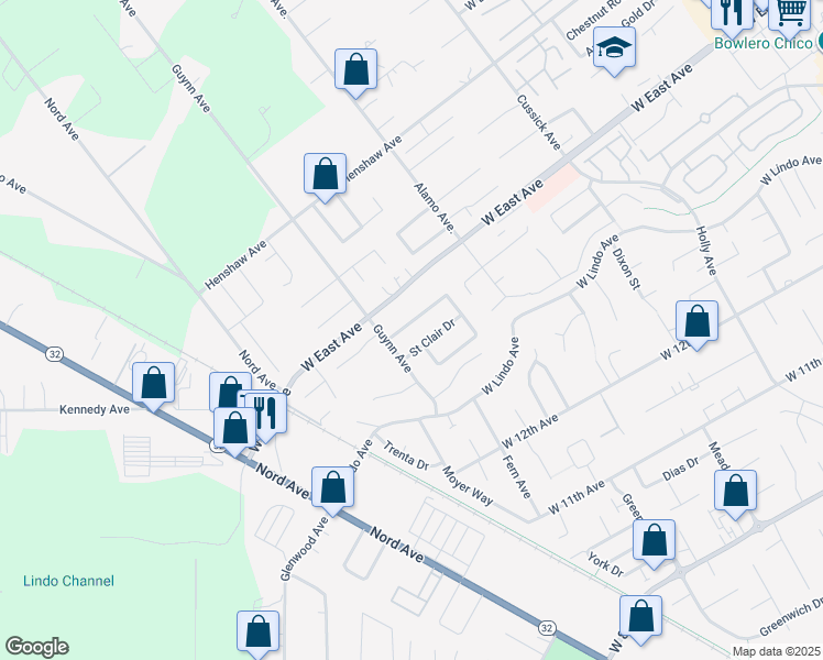 map of restaurants, bars, coffee shops, grocery stores, and more near 975 Saint Clair Drive in Chico