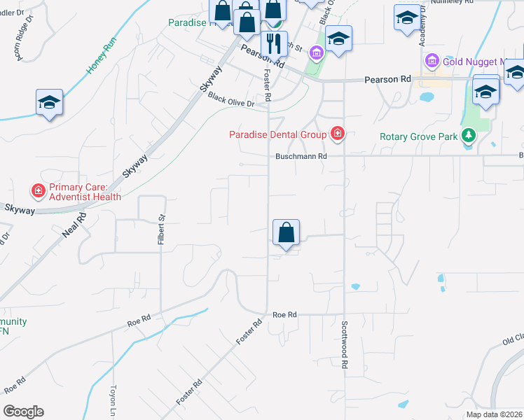 map of restaurants, bars, coffee shops, grocery stores, and more near 625 Wendy Way in Paradise