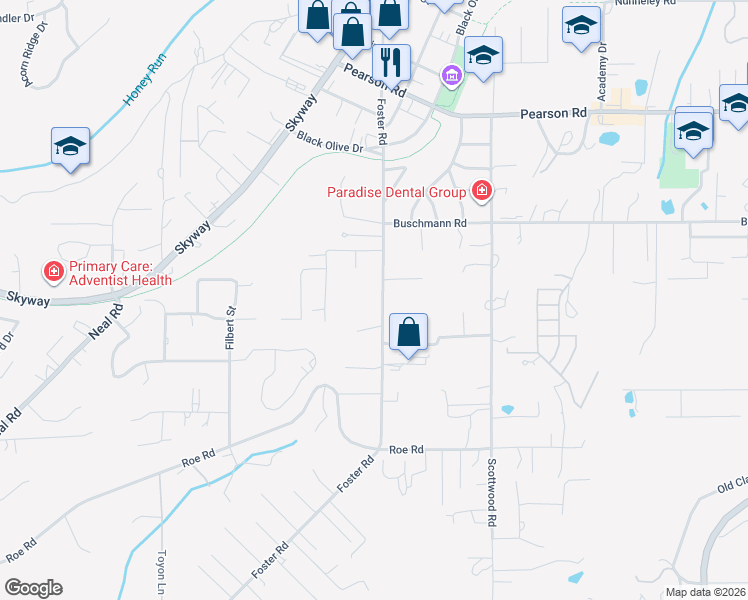 map of restaurants, bars, coffee shops, grocery stores, and more near 5493 Foster Road in Paradise