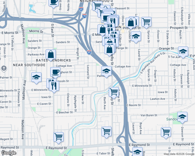 map of restaurants, bars, coffee shops, grocery stores, and more near 1001 Palmer Street in Indianapolis