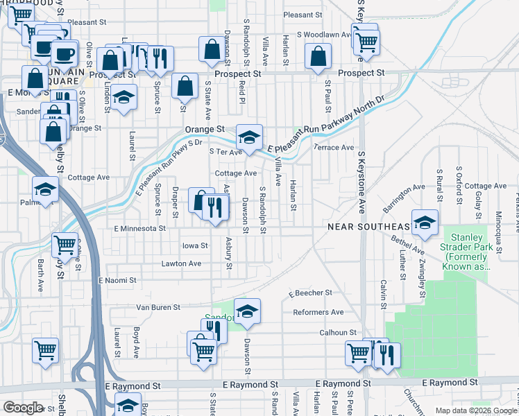 map of restaurants, bars, coffee shops, grocery stores, and more near 1625 South Randolph Street in Indianapolis