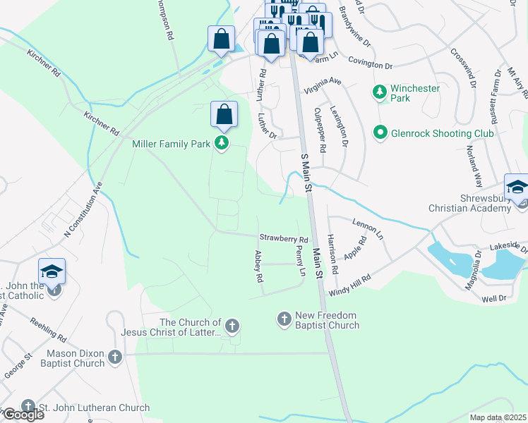 map of restaurants, bars, coffee shops, grocery stores, and more near 8 Abbey Road in New Freedom