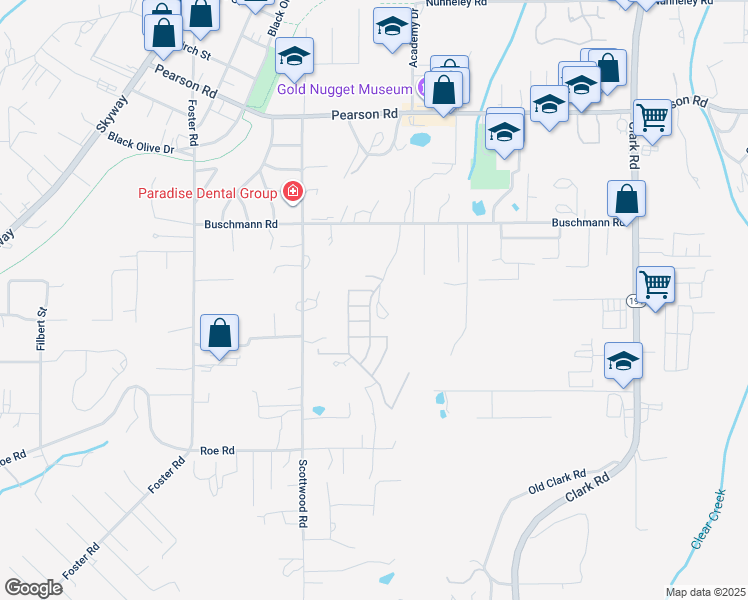 map of restaurants, bars, coffee shops, grocery stores, and more near 220 Berry Creek Drive in Paradise