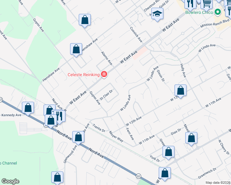 map of restaurants, bars, coffee shops, grocery stores, and more near 33 Quista Drive in Chico