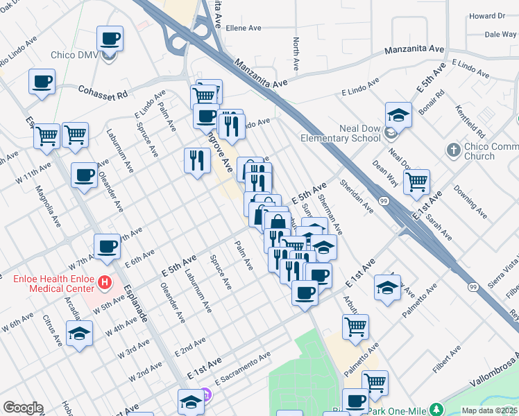 map of restaurants, bars, coffee shops, grocery stores, and more near 1600 Mangrove Avenue in Chico