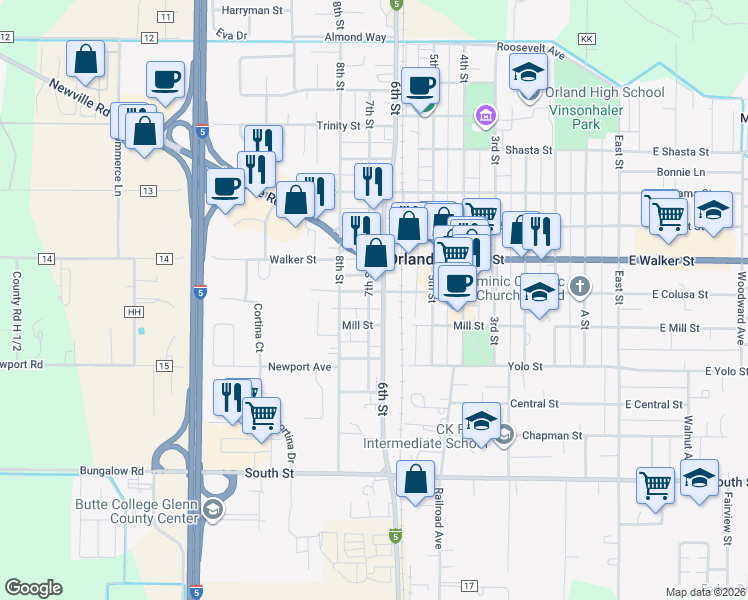 map of restaurants, bars, coffee shops, grocery stores, and more near 621 Colusa Street in Orland