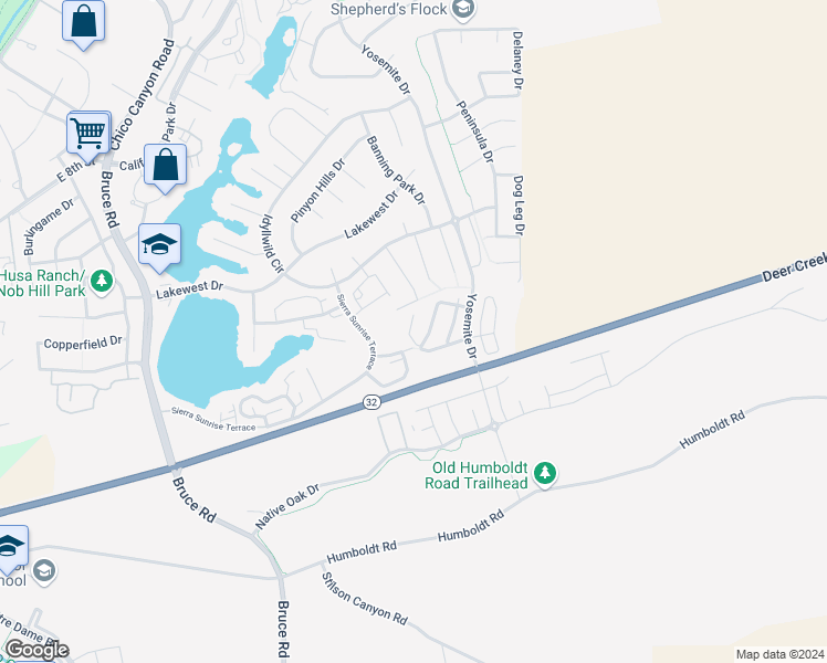 map of restaurants, bars, coffee shops, grocery stores, and more near 121 Wawona Place in Chico