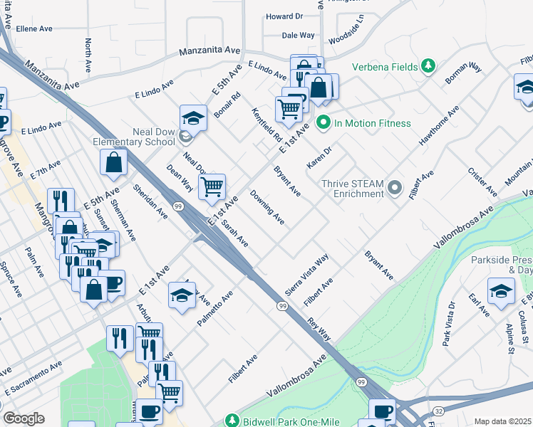 map of restaurants, bars, coffee shops, grocery stores, and more near 949 Downing Avenue in Chico