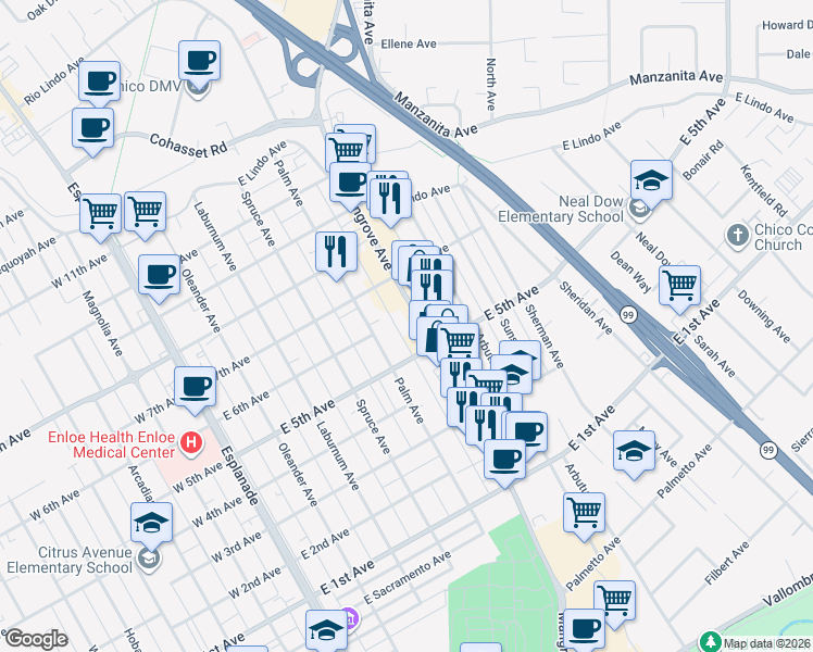 map of restaurants, bars, coffee shops, grocery stores, and more near 590 East 5th Avenue in Chico