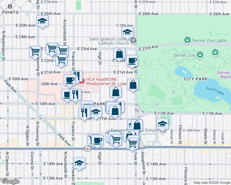 map of restaurants, bars, coffee shops, grocery stores, and more near 1865 Vine Street in Denver
