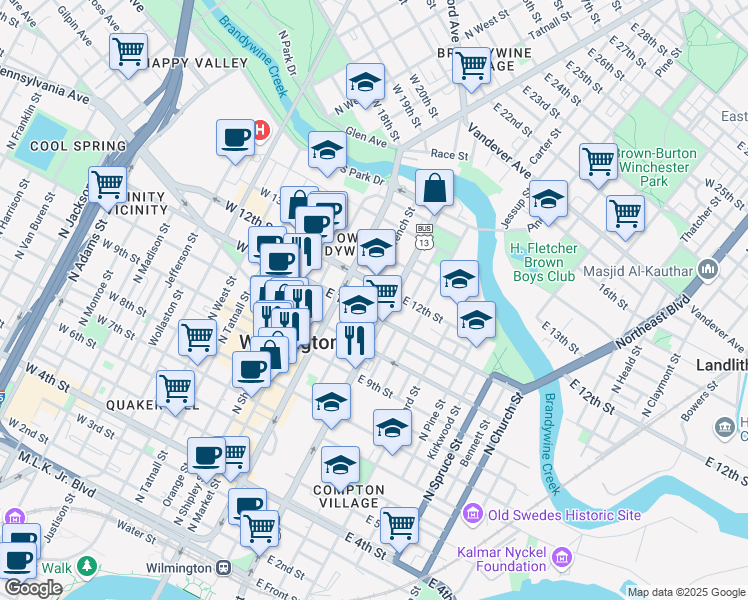 map of restaurants, bars, coffee shops, grocery stores, and more near in Wilmington