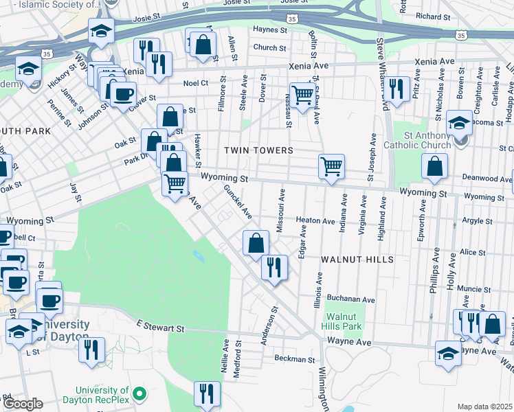 map of restaurants, bars, coffee shops, grocery stores, and more near 45 Colorado Avenue in Dayton