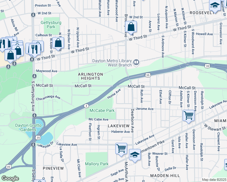 map of restaurants, bars, coffee shops, grocery stores, and more near 2929 Home Avenue in Dayton