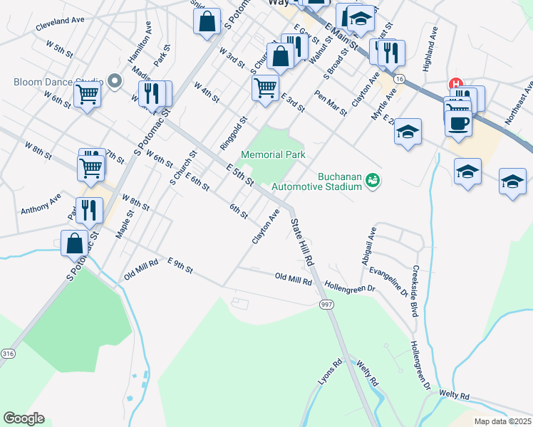 map of restaurants, bars, coffee shops, grocery stores, and more near 512 Clayton Avenue in Waynesboro