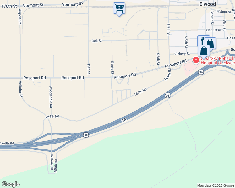 map of restaurants, bars, coffee shops, grocery stores, and more near 164th Road in Wathena