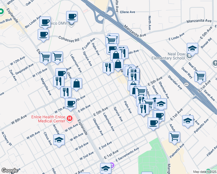 map of restaurants, bars, coffee shops, grocery stores, and more near 469 East 7th Avenue in Chico