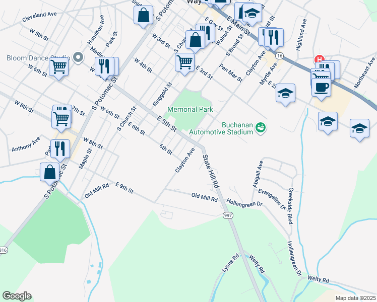 map of restaurants, bars, coffee shops, grocery stores, and more near 518 Clayton Avenue in Waynesboro