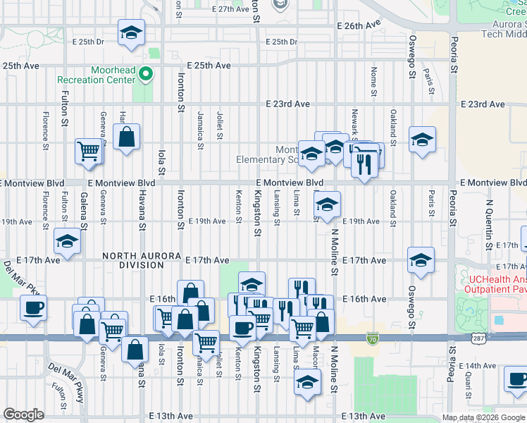 map of restaurants, bars, coffee shops, grocery stores, and more near 1789 Kingston Street in Aurora