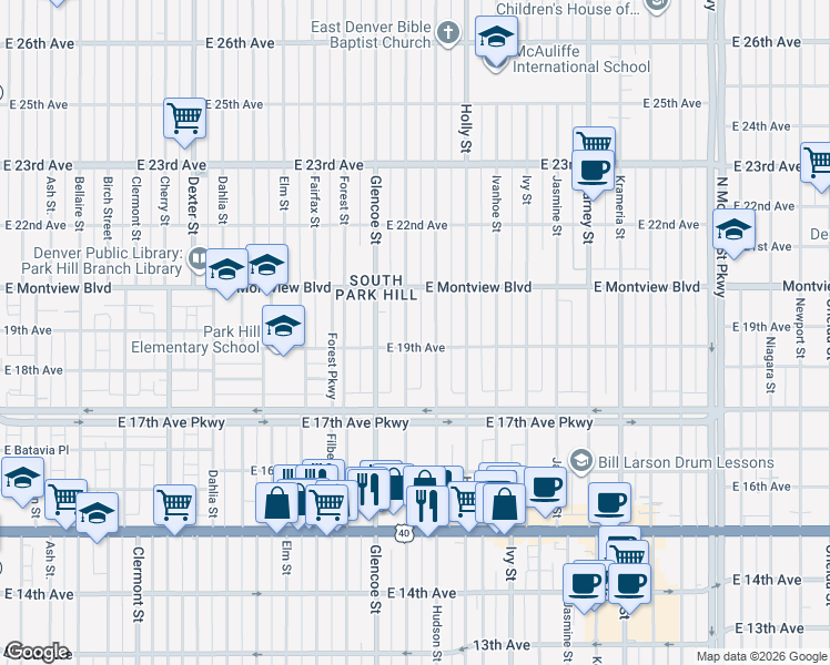map of restaurants, bars, coffee shops, grocery stores, and more near 1795 Grape Street in Denver