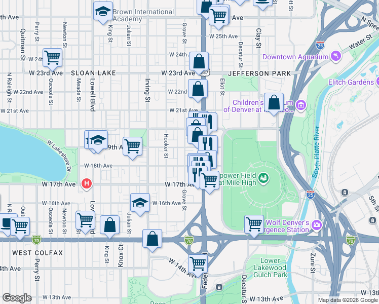 map of restaurants, bars, coffee shops, grocery stores, and more near 1803 Grove Street in Denver