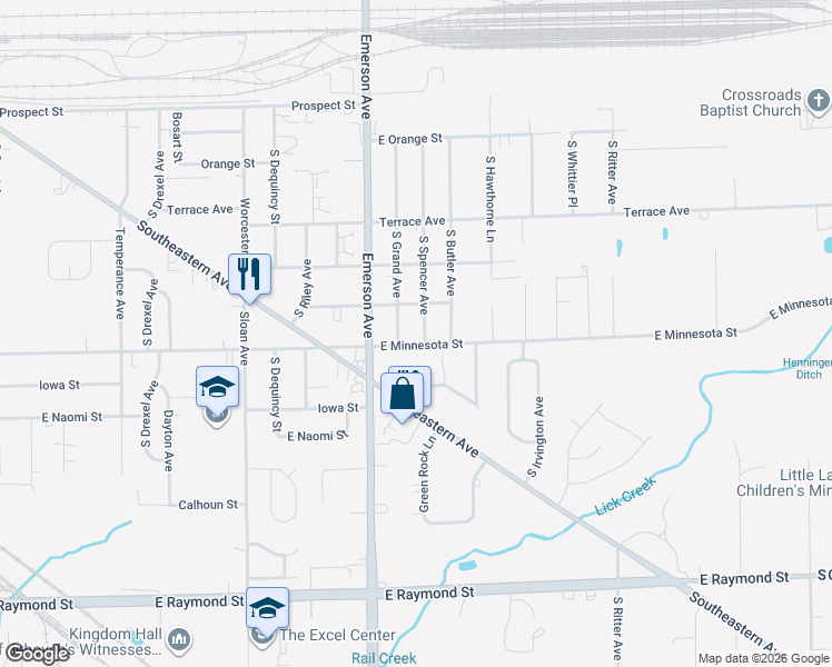 map of restaurants, bars, coffee shops, grocery stores, and more near 1710 South Spencer Avenue in Indianapolis