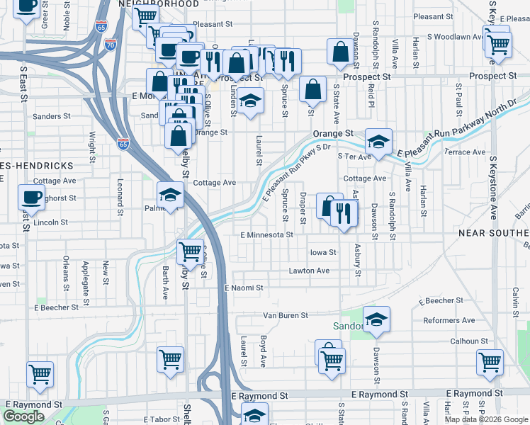 map of restaurants, bars, coffee shops, grocery stores, and more near 1631 Brier Place in Indianapolis