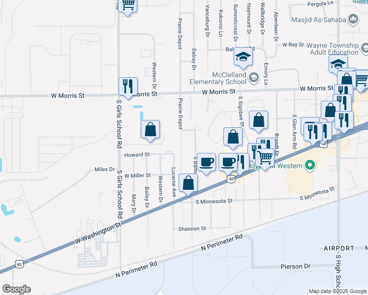 map of restaurants, bars, coffee shops, grocery stores, and more near 1503 Prairie Depot in Indianapolis