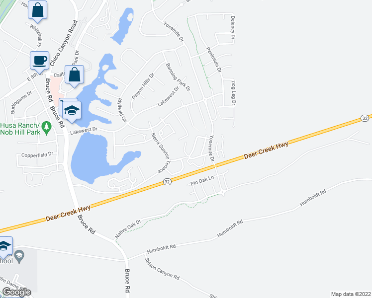 map of restaurants, bars, coffee shops, grocery stores, and more near 121 Wawona Place in Chico