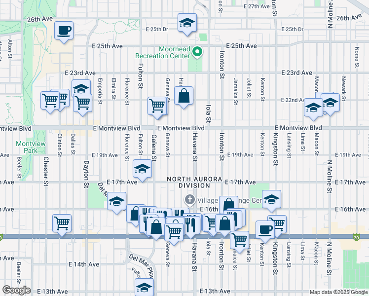 map of restaurants, bars, coffee shops, grocery stores, and more near 1770 Hanover Street in Aurora