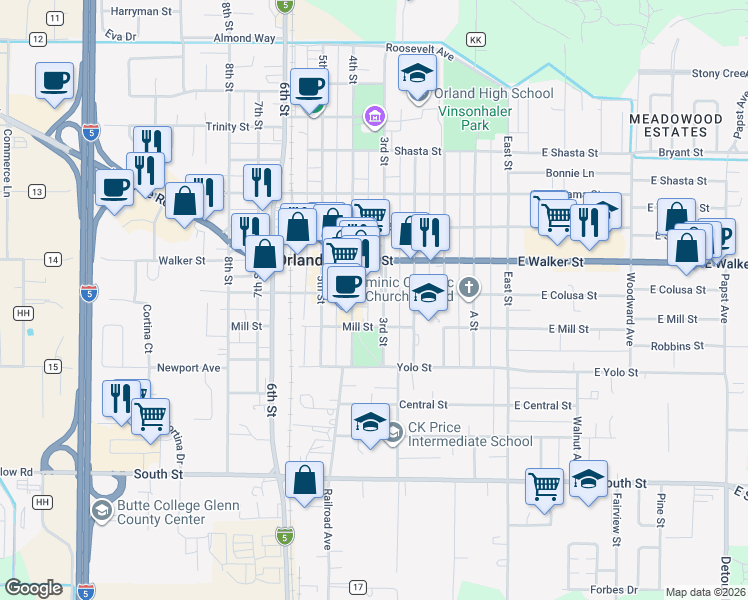 map of restaurants, bars, coffee shops, grocery stores, and more near 822 3rd Street in Orland