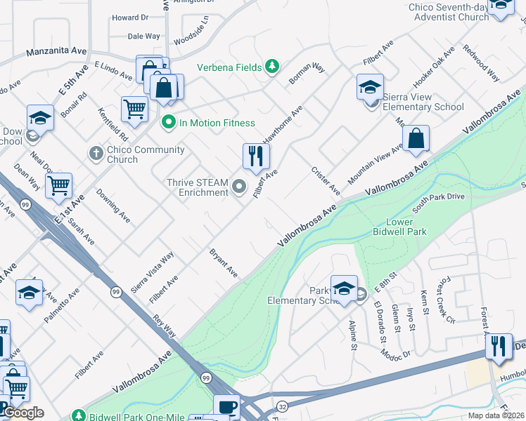 map of restaurants, bars, coffee shops, grocery stores, and more near 656 Jardin Way in Chico