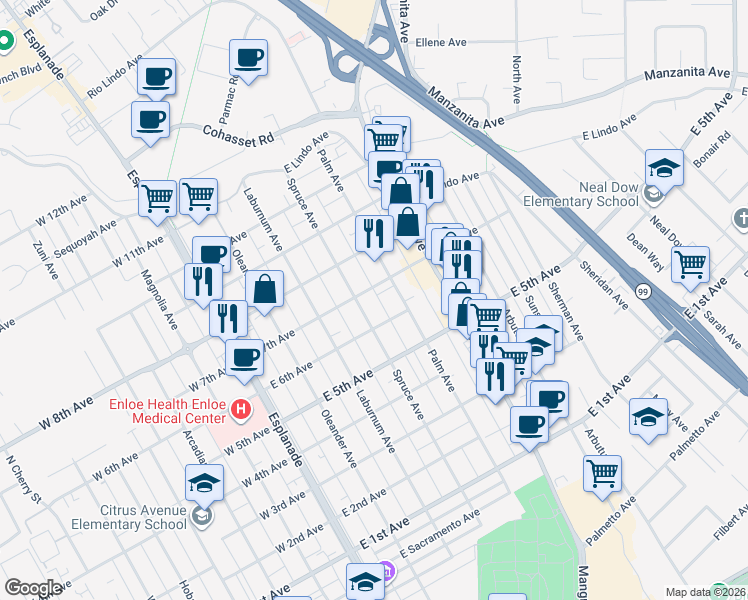 map of restaurants, bars, coffee shops, grocery stores, and more near 469 East 7th Avenue in Chico