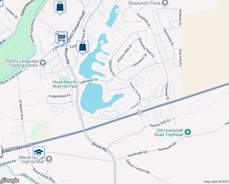 map of restaurants, bars, coffee shops, grocery stores, and more near 2623 Amanecida Common in Chico