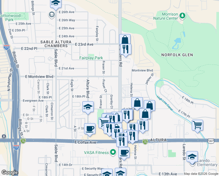 map of restaurants, bars, coffee shops, grocery stores, and more near 1810 Granby Court in Aurora