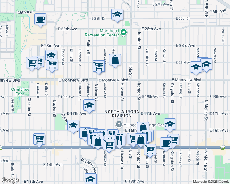 map of restaurants, bars, coffee shops, grocery stores, and more near 1770 Hanover Street in Aurora
