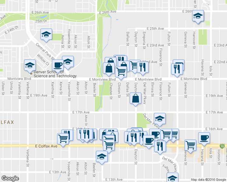map of restaurants, bars, coffee shops, grocery stores, and more near 1788 Chester Street in Aurora