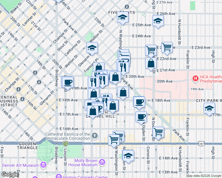 map of restaurants, bars, coffee shops, grocery stores, and more near 1801 North Washington Street in Denver