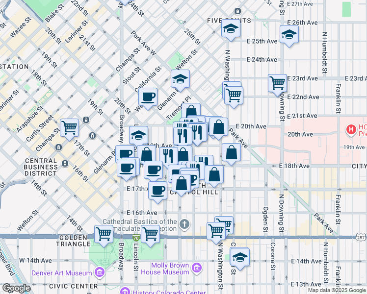 map of restaurants, bars, coffee shops, grocery stores, and more near in Denver