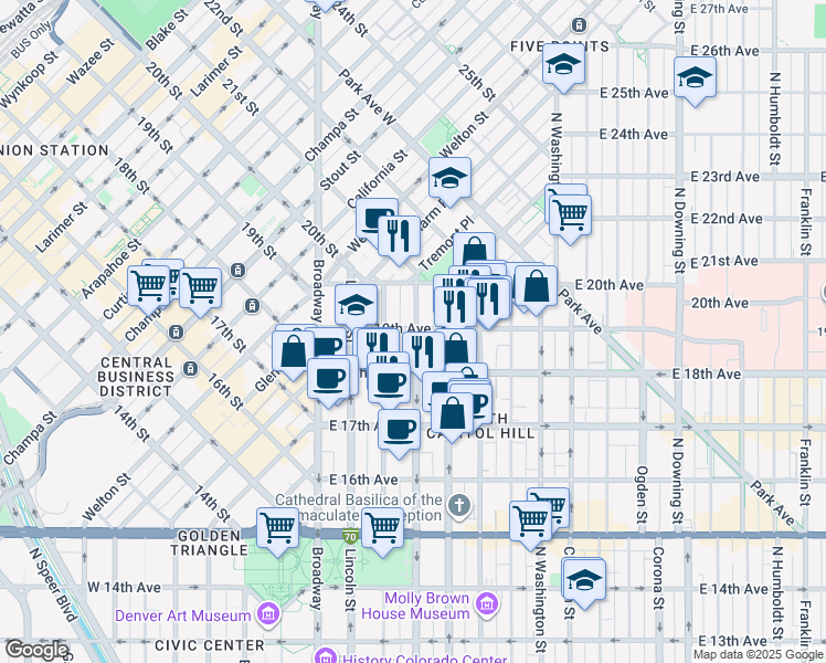 map of restaurants, bars, coffee shops, grocery stores, and more near 1838 Grant Street in Denver