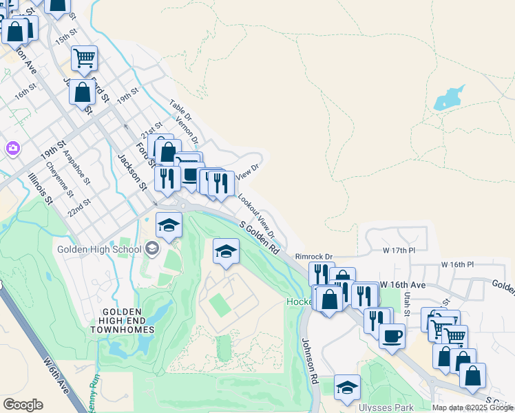 map of restaurants, bars, coffee shops, grocery stores, and more near 422 Sunset Drive in Golden