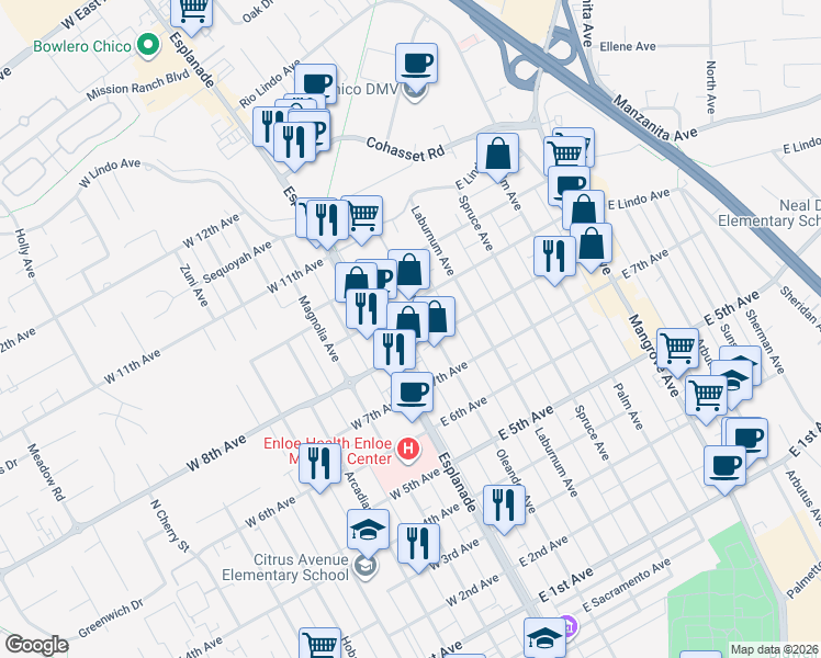 map of restaurants, bars, coffee shops, grocery stores, and more near 1810 Esplanade in Chico