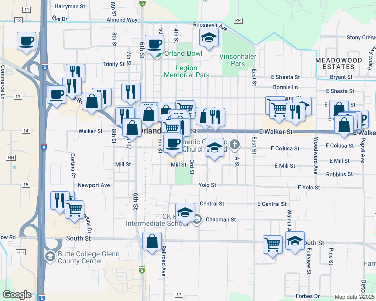 map of restaurants, bars, coffee shops, grocery stores, and more near 822 3rd Street in Orland